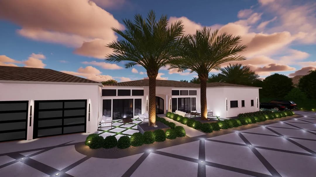 Modern house exterior with palm trees, landscaped driveway, and evening sky lighting.