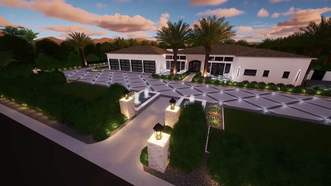 Luxurious modern home with palm trees, landscaped gardens, and elegant outdoor lighting.