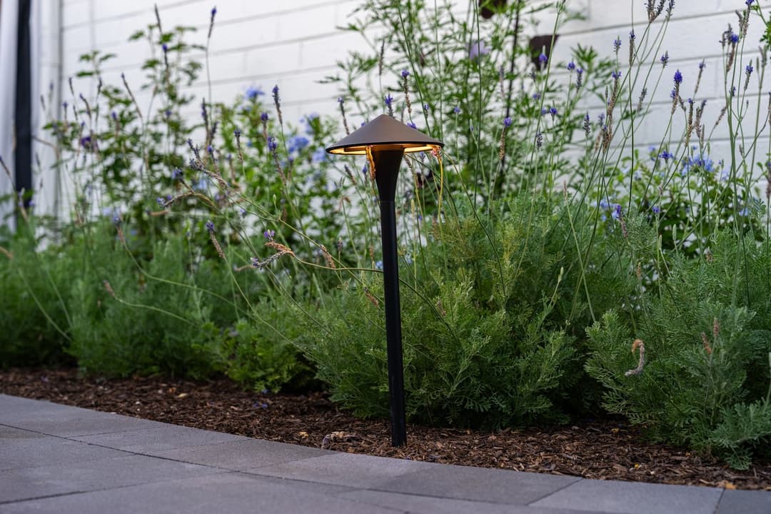Garden path light illuminating landscaping with purple flowers and greenery.